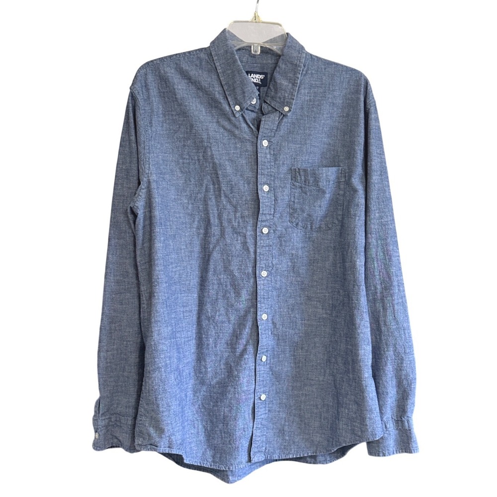 Lands End Mens XL Tall Blue Chambray Button Down Shirt Cotton‎ Traditional Fit